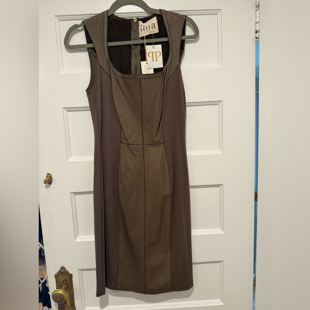 Illia Taupe Sleeveless Leather Panel Midi Dress